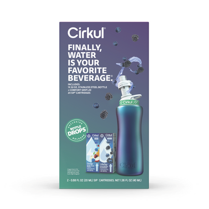 Cirkul 32oz Chameleon Stainless Steel Starter Kit with Chameleon Cirkul Lid 2.0 and 2 Flavor Cartridges (Blackberry Blueberry & Berry Blue Punch)
