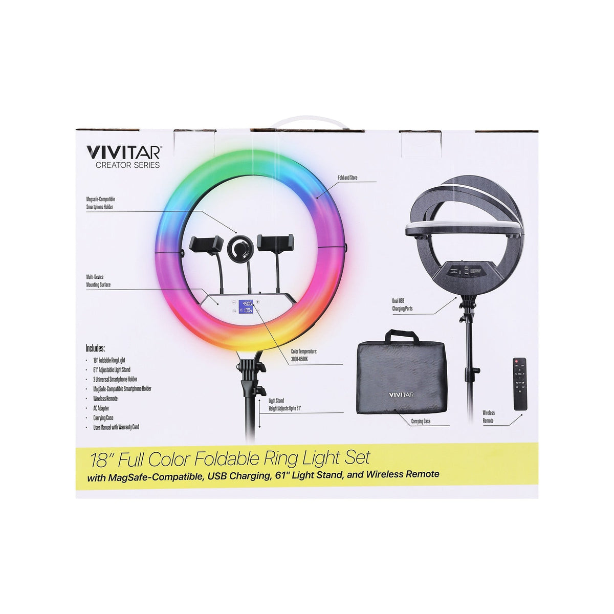 Vivitar Creator Series 18" RGB Foldable Ring Light with Stand, MagSafe-Compatible Phone Mount, Dual USB Charging, Wireless Remote, Adjustable Tripod for Live Vlogging, Makeup, & Live Streaming
