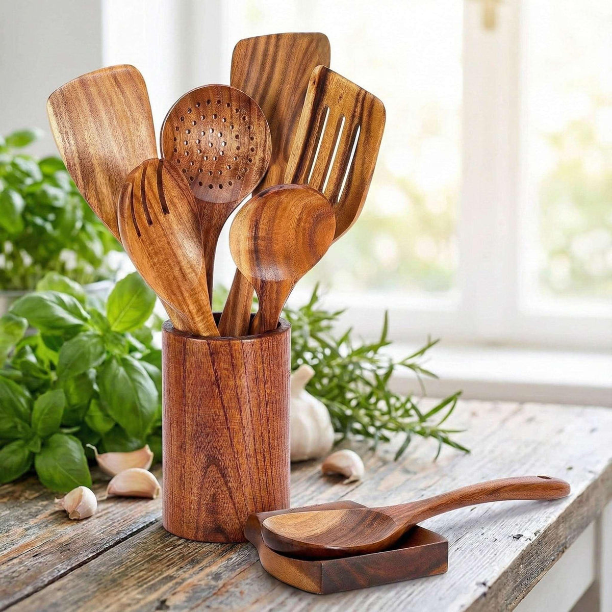 TEAFIRST 9 Pcs Wooden Utensils for Cooking Wooden Utensils for Kitchen, Heat Resistant, Non-Stick