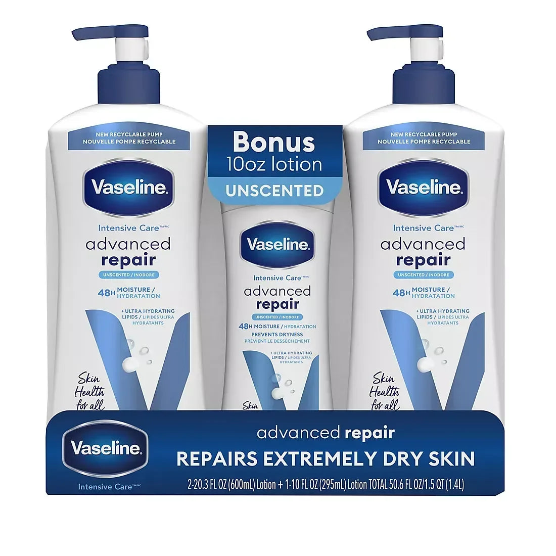 Vaseline Intensive Care Body Lotion, Advanced Repair, Unscented, 2 pk./20 oz. + Bonus 10 oz. Lotion