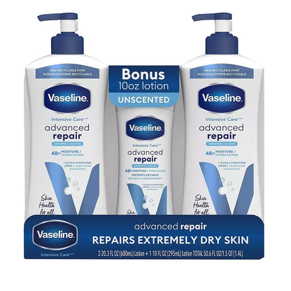 Vaseline Intensive Care Body Lotion, Advanced Repair, Unscented, 2 pk./20 oz. + Bonus 10 oz. Lotion