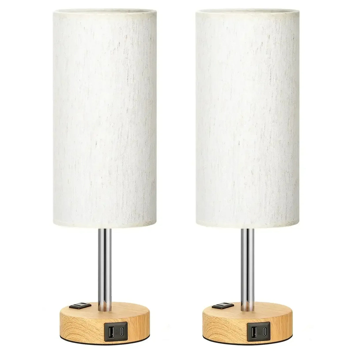 2PCS Small Touch Control Table Lamps for Bedroom, 3 Way Dimmable Bedside Lamp with USB C+A Fast Charging Ports, Nightstand Lamp for Office, Living Room, Reading, Bulbs Included, Wood