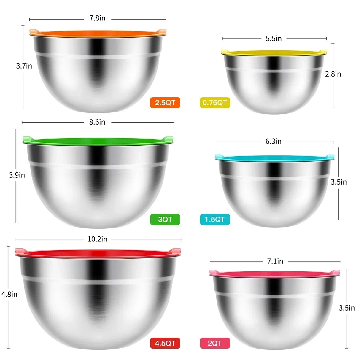 Stainless Steel Mixing Bowls Set, TINANA 6 Pack Mixing Bowls with Lids, Metal Nesting Storage Bowls for Kitchen, 4.5/3/2.5/2/1.5/0.75QT, Great for Prep, Baking, Serving, Khaki