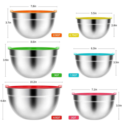 Stainless Steel Mixing Bowls Set, TINANA 6 Pack Mixing Bowls with Lids, Metal Nesting Storage Bowls for Kitchen, 4.5/3/2.5/2/1.5/0.75QT, Great for Prep, Baking, Serving, Khaki