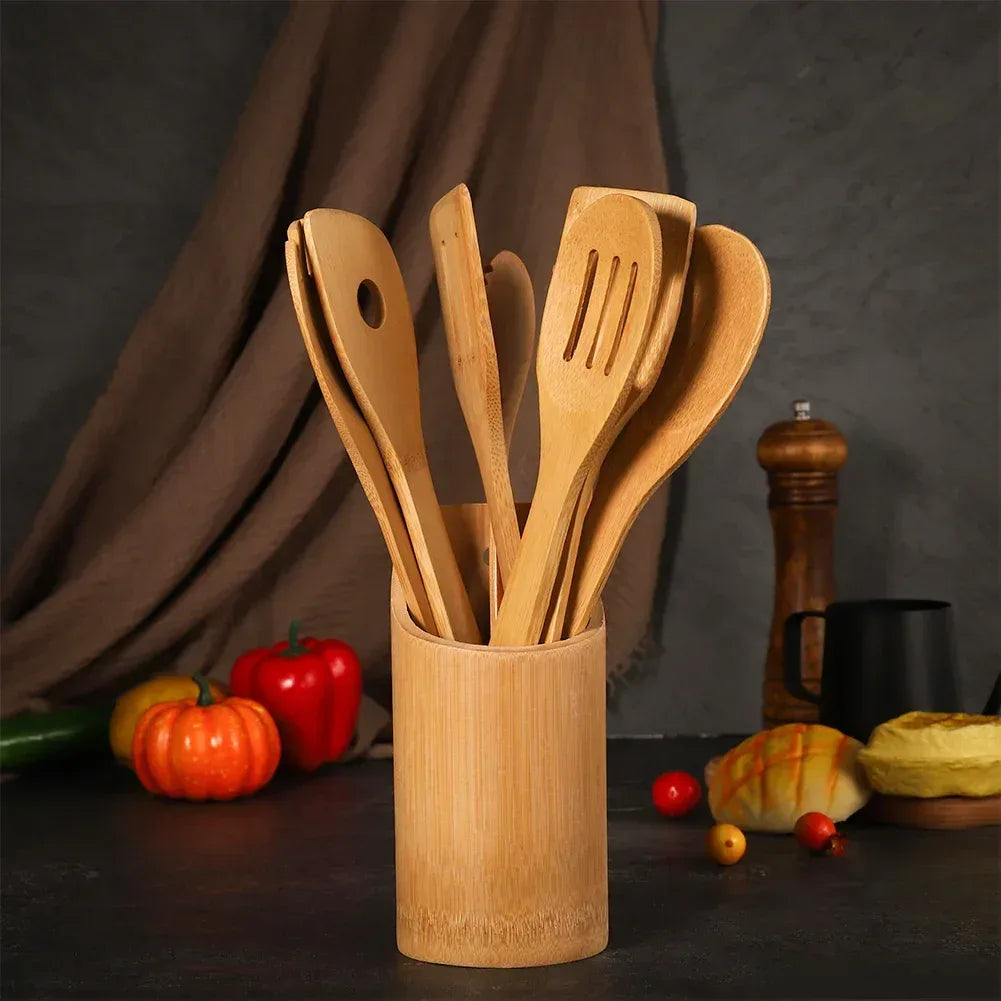 Topekada 8 Pack Wooden Utensil Set with Holder, Natural Bamboo Cooking Utensils for Nonstick Cookware, Wooden Spoons, Spatulas & Cooking Tongs, Eco-Friendly Gift for Home Chefs