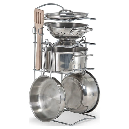 Melissa & Doug Stainless Steel Pots and Pans Pretend Play Kitchen Set for Kids with Wooden Utensils (8 Pcs)