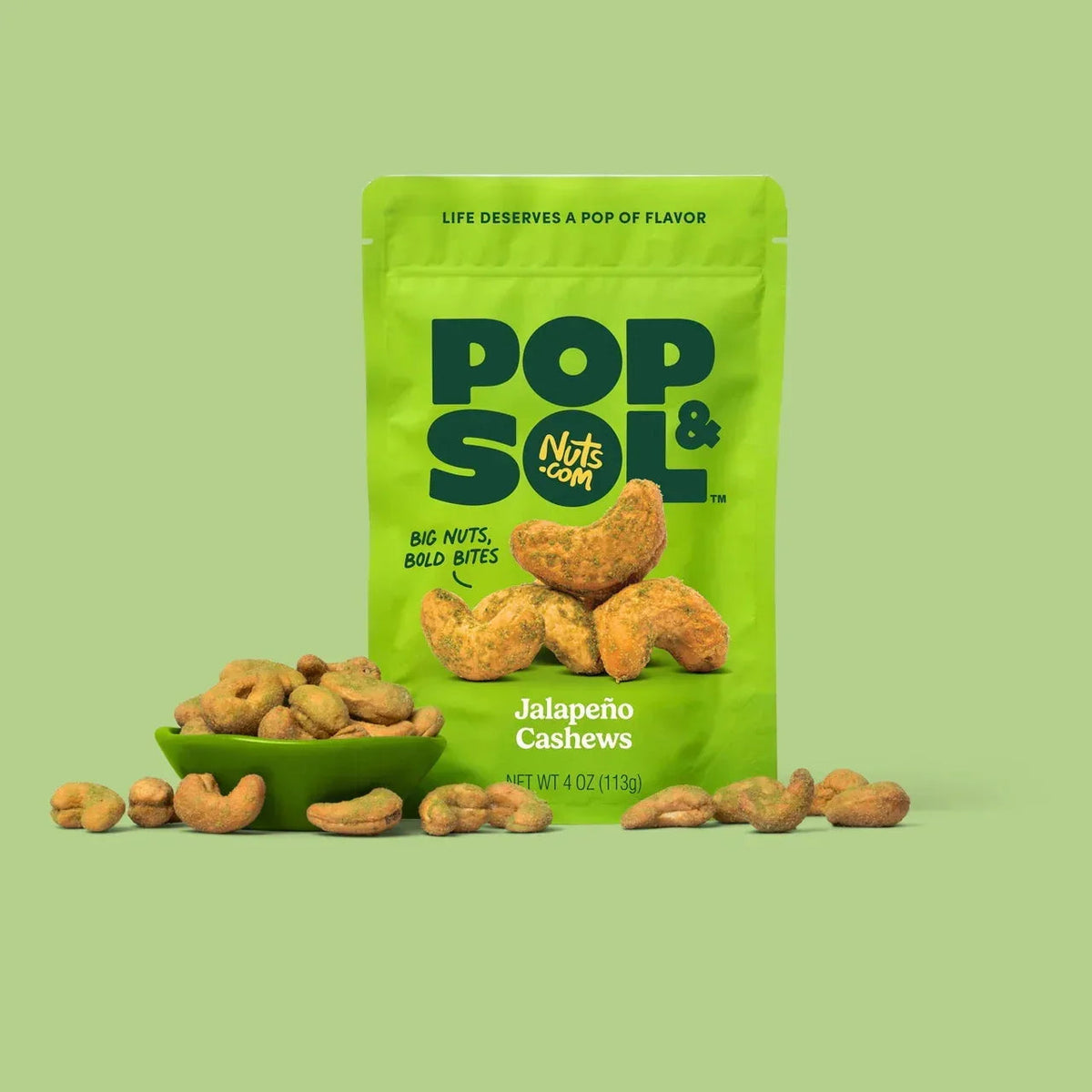 Pop & Sol by Nuts.com, Jalapeño Cashews, 4 oz Bag