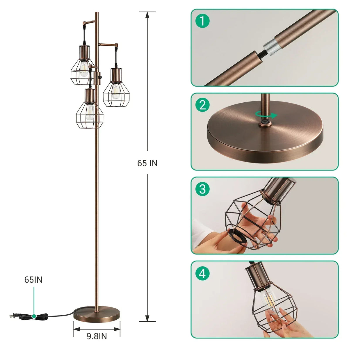 EDISHINE 65IN Farmhouse Industrial Black Floor Lamps for Living Room, Dimmable, Metal Standing Tree Lamp for Bedroom, Office, Home Decor, Lighting, 3 LED Bulb Included