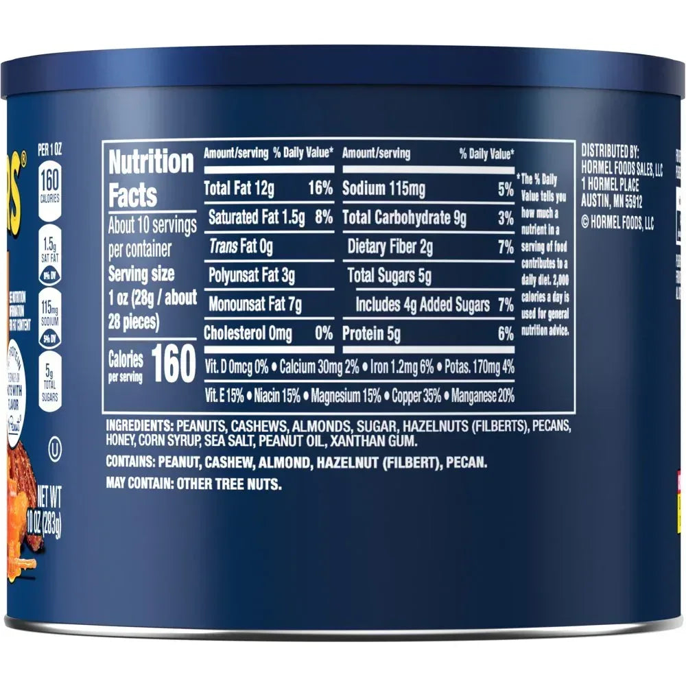 Honey Roasted Mixed Nuts, Party Snacks, Plant-Based Protein, 10 Oz Canister
