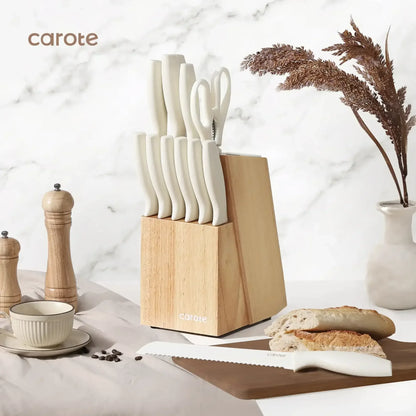 Carote 15-Piece Premium Kitchen Knife Set, Ceramic-Coated Blades with Stylish Wooden Block