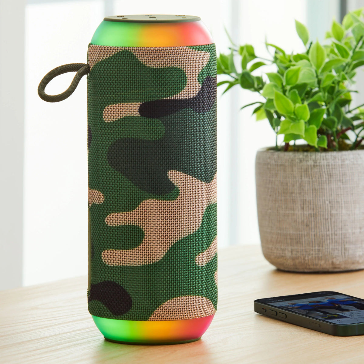 onn Large Rugged Speaker with Bluetooth Wireless Technology and LED Lighting, Camo