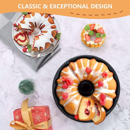Vesteel 10 inch Bundt Cake Pan, Non-Stick Pan for Baking Brownie Flan Meatloaf, Carbon Steel Bakeware with Tube for Birthday Wedding Events, Heavy Duty & Durable - Black