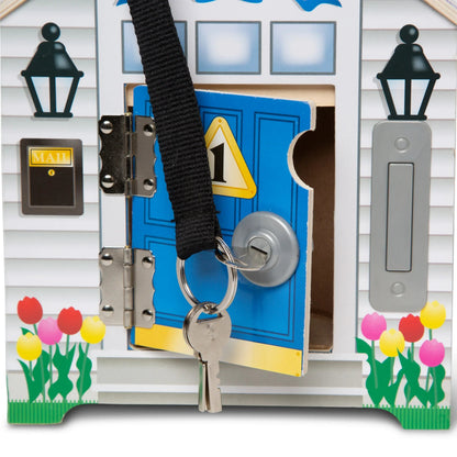 Melissa & Doug Take-Along Wooden Doorbell Dollhouse - Doorbell Sounds, Keys, 4 Poseable Wooden Dolls