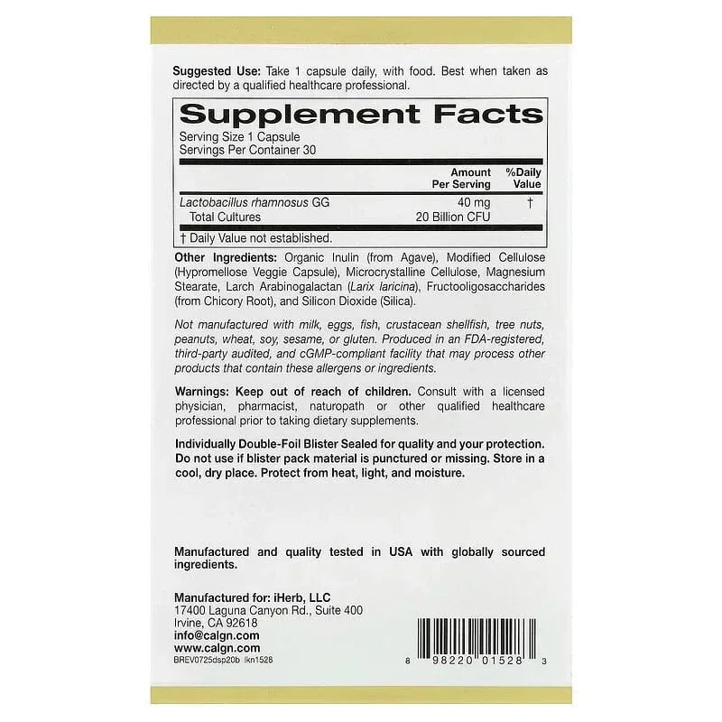 California Gold Nutrition, Digestive Support Probiotic, Probiotic & Prebiotic Blend with Lactobacillus rhamnosus GG, 20 Billion CFUs, 30 Veggie Capsules