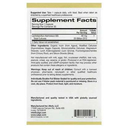 California Gold Nutrition, Digestive Support Probiotic, Probiotic & Prebiotic Blend with Lactobacillus rhamnosus GG, 20 Billion CFUs, 30 Veggie Capsules