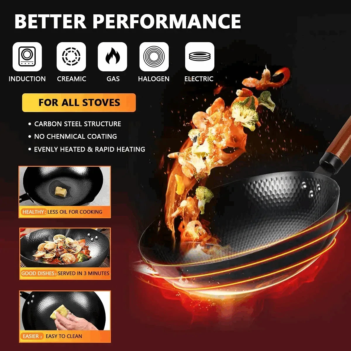 TAIMASI Carbon Steel Wok Pan, 14 Piece Woks & Stir-Fry Pans Set with Wooden Lid & Cookwares, Non-Stick Flat Bottom Chinese Woks Pan for Induction, 12.6''