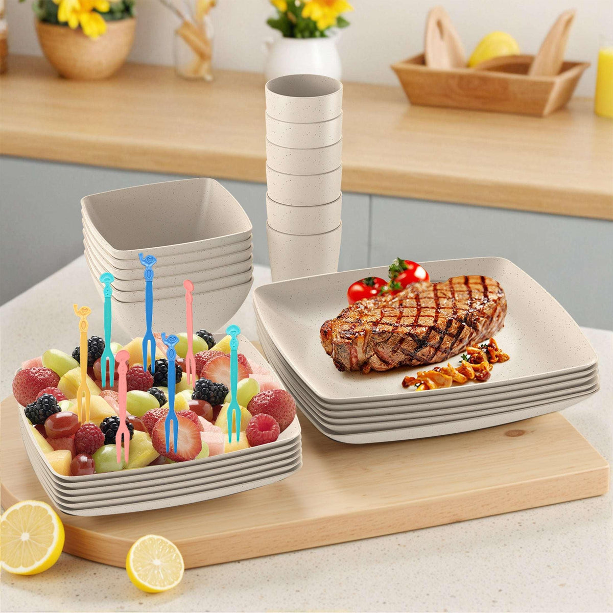 GPED 32 Pcs Wheat Straw Square Dinnerware Sets For 6, Unbreakable Dish Sets, Reusable Plates and Bowls Sets, Dinner Plates, Travel Camping Cutlery Set, Dishwasher Microwave Safe, Beige