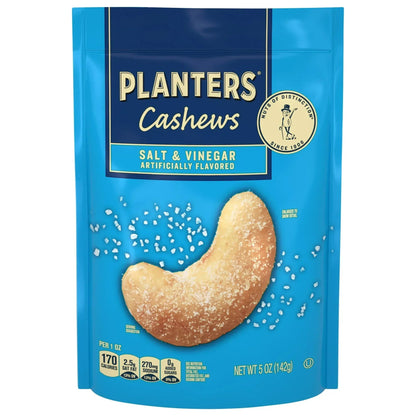 PLANTERS Cashews Salt and Vinegar, Party Snacks, Plant Based Protein, 5 oz Resealable Bag