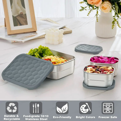 Vesteel Stainless Steel Lunch Container Set, Leak Proof Bento Box with Silicone Lids, Portable Metal Lunch Box for School and Daycare(25OZ + 8OZ*2), Grey