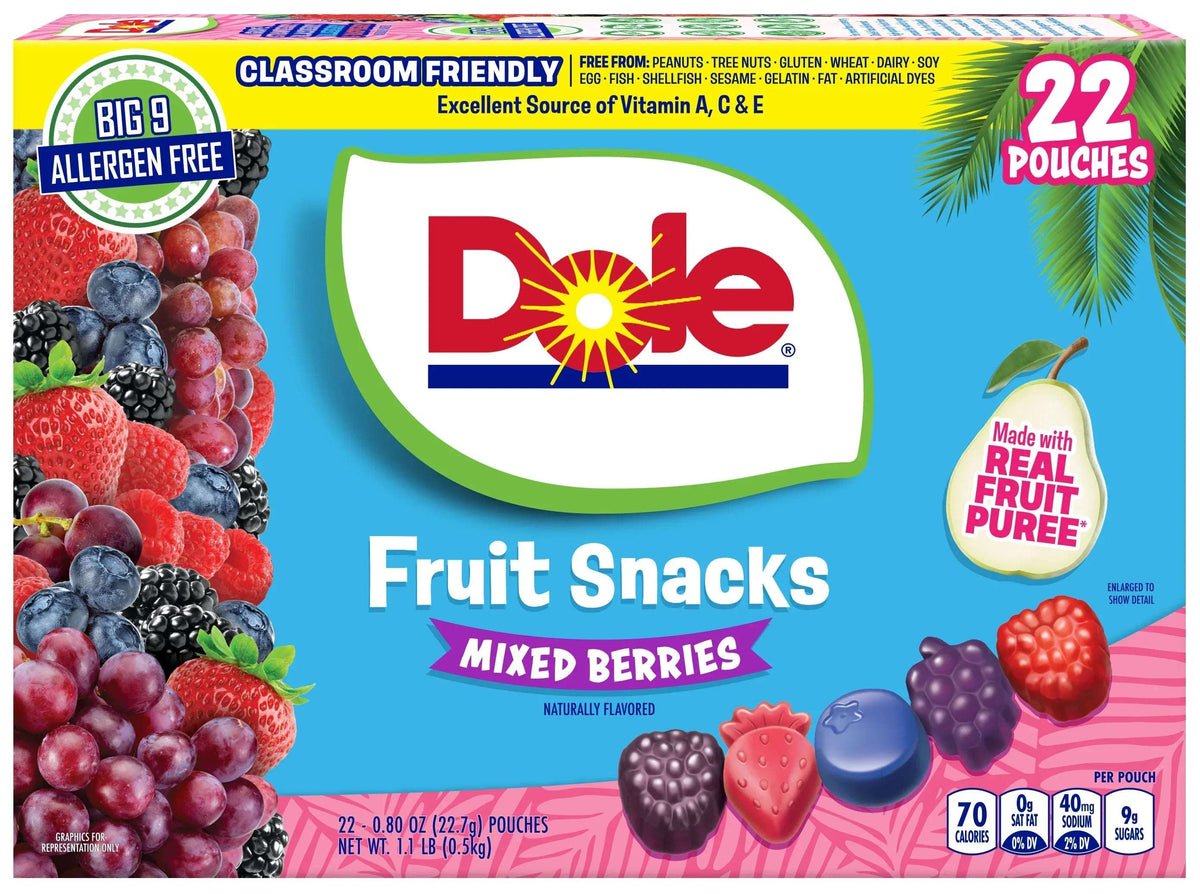 Dole Fruit Snacks, Mixed Berries Flavored, Big 9 Allergen Free, Dye Free, Gluten Free, Gelatin Free, Lunch Snacks 22 Count