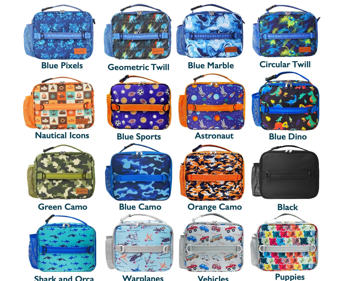 ComfiTime Lunch Bag for Kids – Insulated Lunch Box for Girls and Boys, Cute Reusable Cooler Bag with Zipper Pockets, Bottle Holder, Padded Handles and Shoulder Strap (Blue Camouflage)