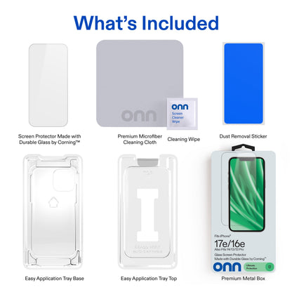 onn Corning Glass Screen Protector for iPhone® 17e / 16e / 14 / 13 / 13 Pro, Made with Durable Glass by Corning™ for Ultimate Protection, with Easy Application Tray