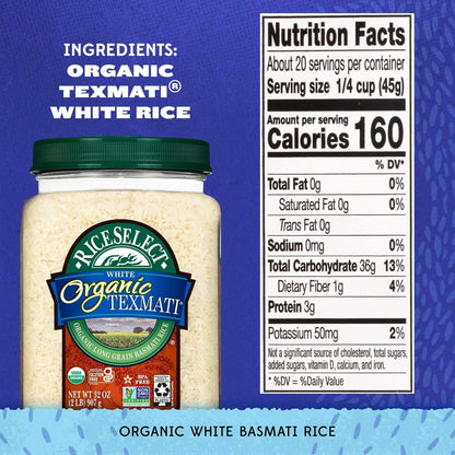 RiceSelect Organic Texmati White Rice, American-Style Basmati Rice, 2 lb Jar