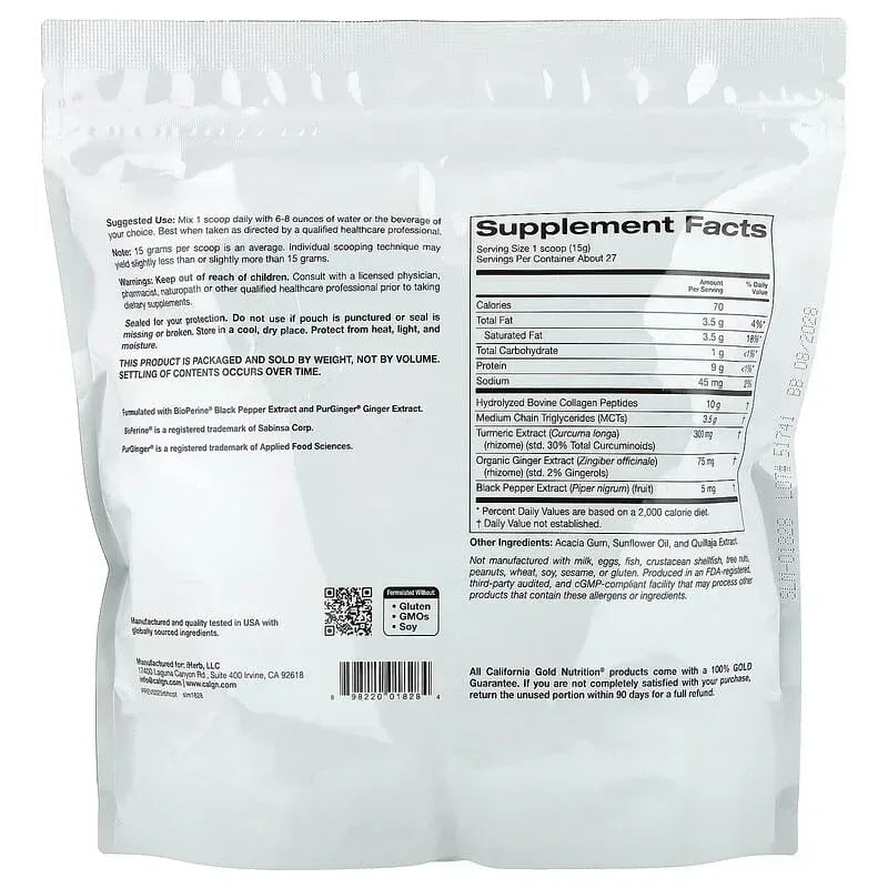 California Gold Nutrition, Hydrolyzed Collagen Peptides with Turmeric, MCT, and Ginger, 14.1 oz (400 g)
