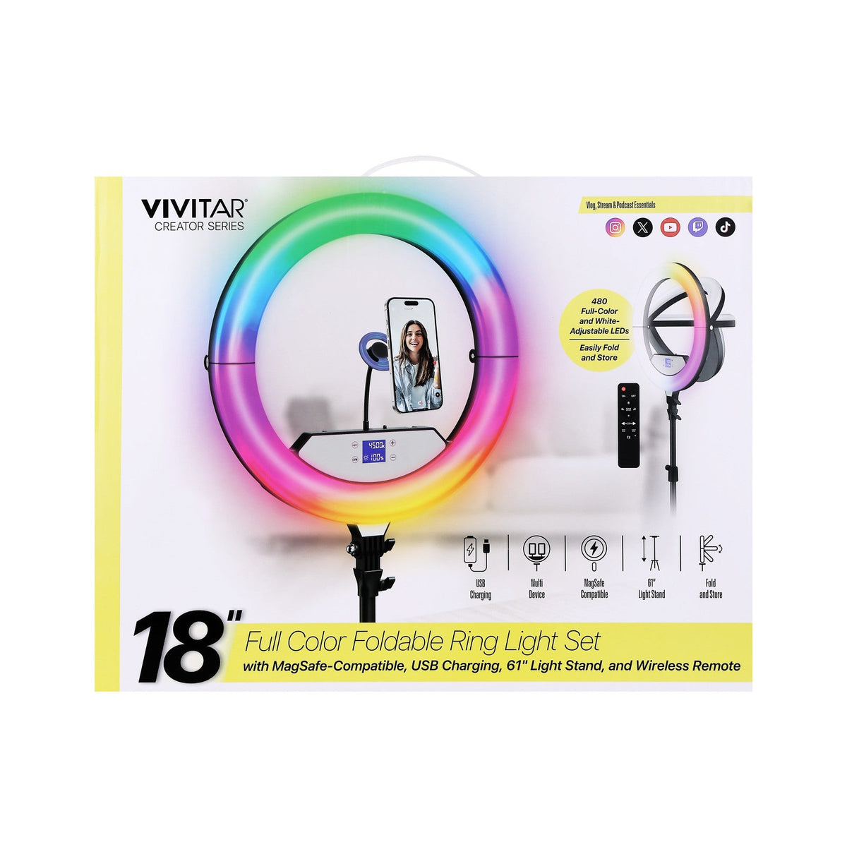 Vivitar Creator Series 18" RGB Foldable Ring Light with Stand, MagSafe-Compatible Phone Mount, Dual USB Charging, Wireless Remote, Adjustable Tripod for Live Vlogging, Makeup, & Live Streaming