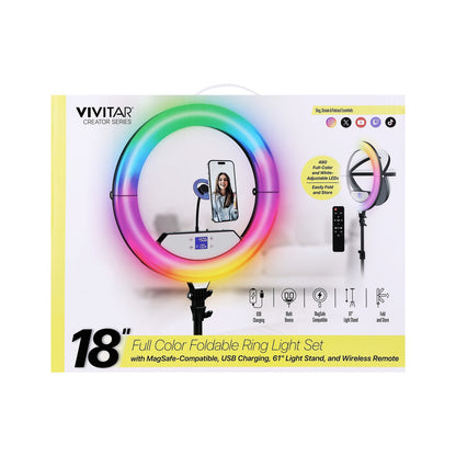 Vivitar Creator Series 18" RGB Foldable Ring Light with Stand, MagSafe-Compatible Phone Mount, Dual USB Charging, Wireless Remote, Adjustable Tripod for Live Vlogging, Makeup, & Live Streaming