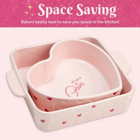 Paris Hilton 2-Piece Ceramic Nonstick Baking & Casserole Dish Set, Square and Heart-Shaped, Stoneware Baking Set, Pink