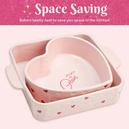 Paris Hilton 2-Piece Ceramic Nonstick Baking & Casserole Dish Set, Square and Heart-Shaped, Stoneware Baking Set, Pink