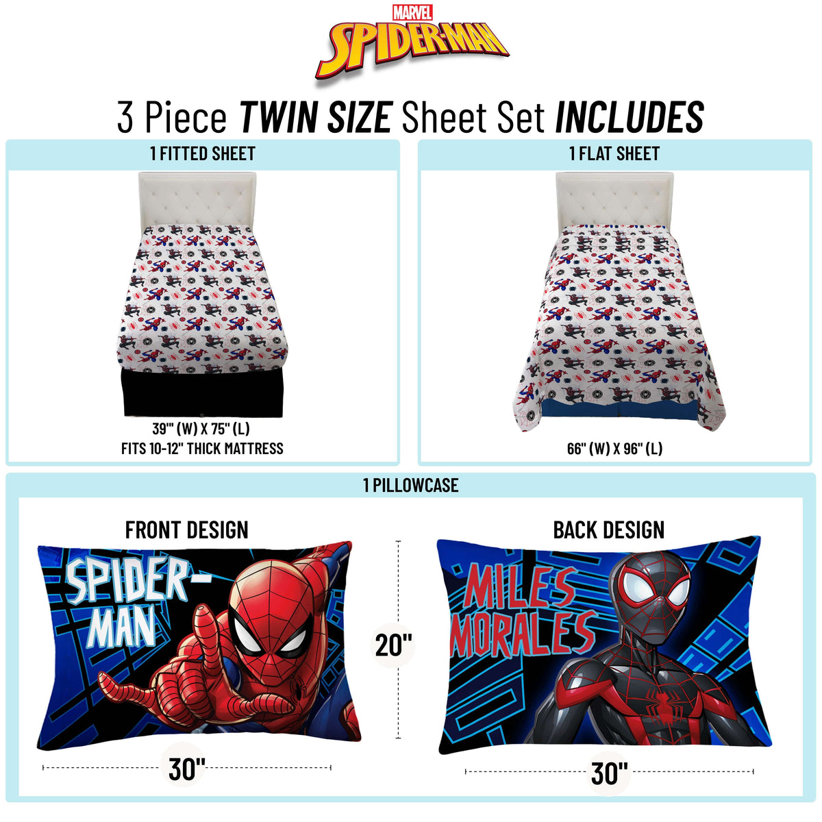 Spider-Man Kids 3-Piece Twin Sheet Set, Microfiber, White, Marvel