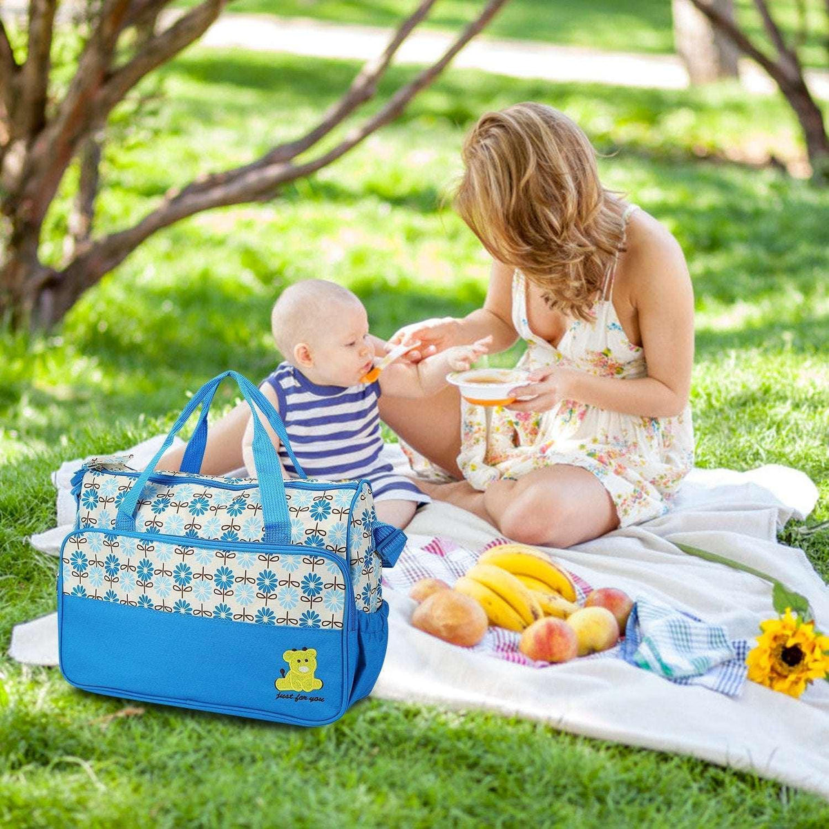Baby Diaper Bag 5 Pcs Toddler Diaper Bag Tote Multifunction Portable Baby Bag for Boys and Girls Blue
