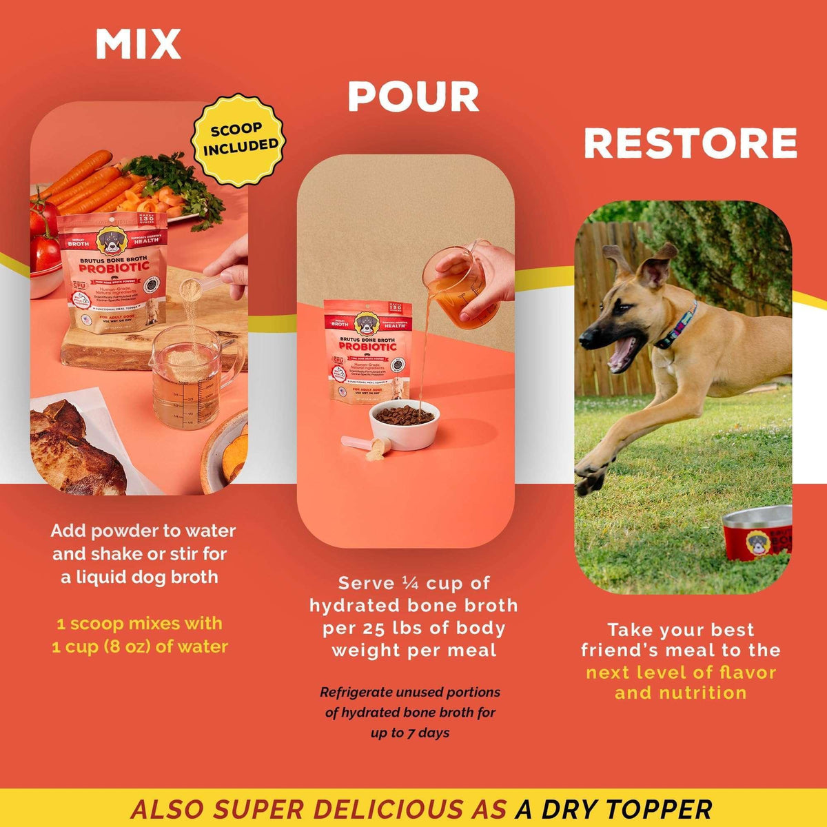 Brutus Bone Broth Probiotic Meal Toppers for Dogs Mega Pack (Pork) - Pet Food Topper - Bone Broth Powder Fortified - Pet Safe Human Grade Dog Food Topper - Makes Up to 130 Liquid Oz