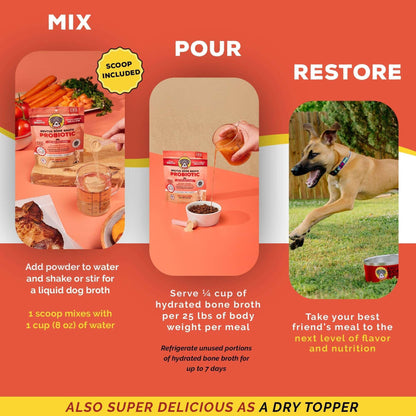 Brutus Bone Broth Probiotic Meal Toppers for Dogs Mega Pack (Pork) - Pet Food Topper - Bone Broth Powder Fortified - Pet Safe Human Grade Dog Food Topper - Makes Up to 130 Liquid Oz
