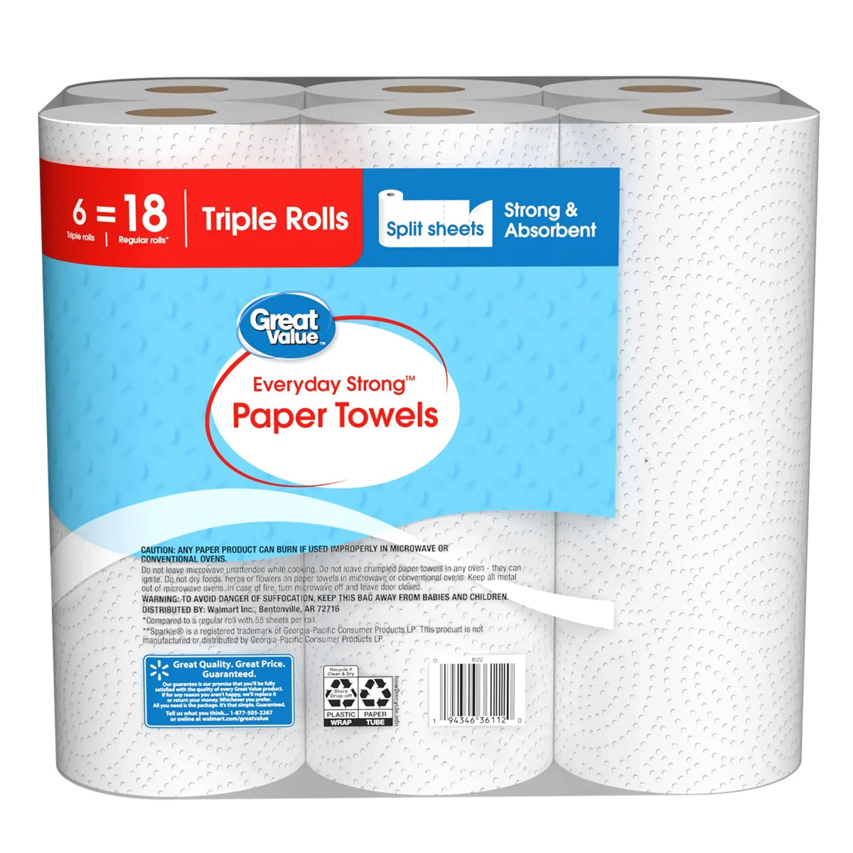 Great Value Everyday Strong Paper Towels, 6 Triple Rolls, Split Sheets