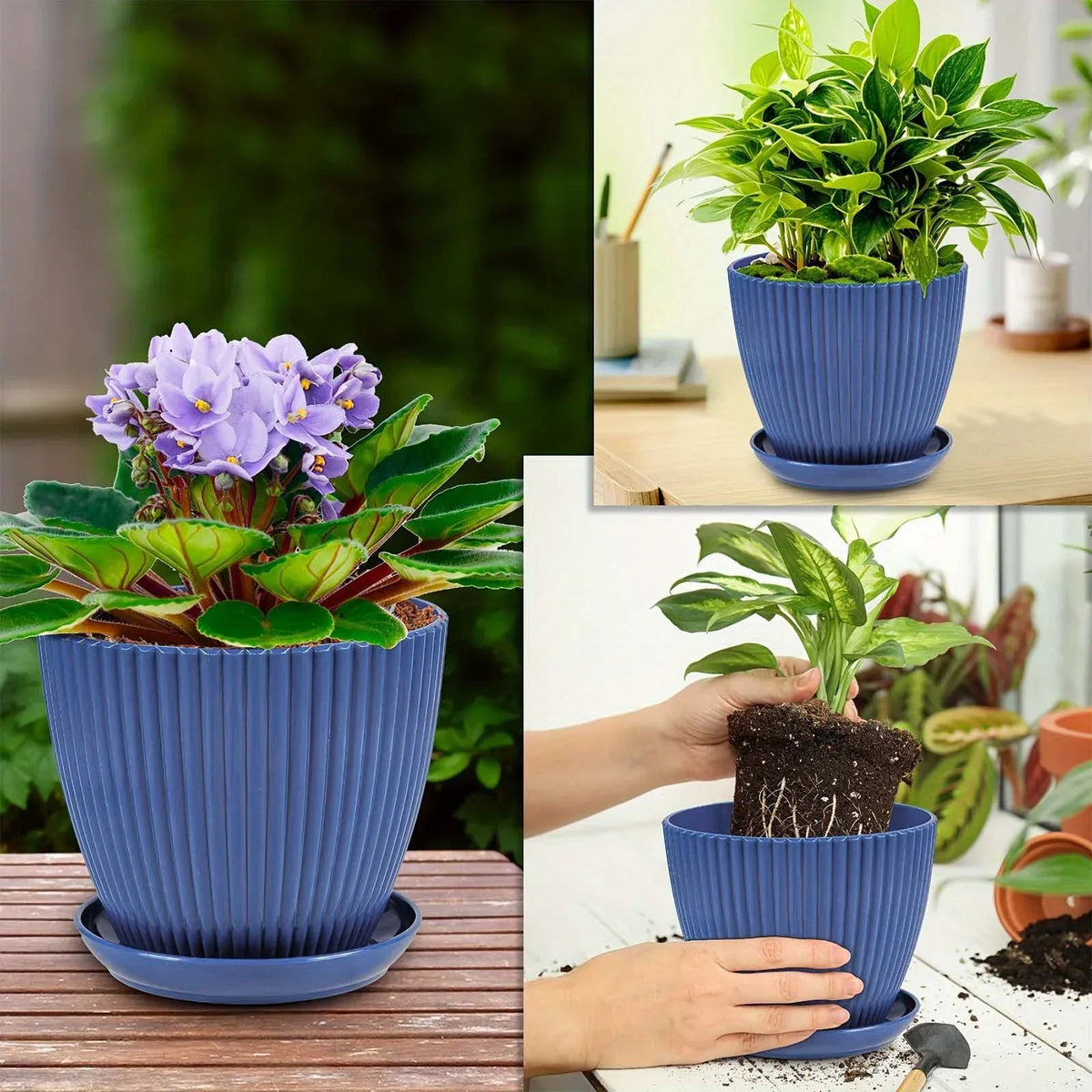Clearance! Flower Pots Indoor Thicken Planter with Hole and Tray for All House Plants Reliable Plastic Ripple Pattern Flowerpot for Home Garden Housewares, Dark Blue 9*8CM