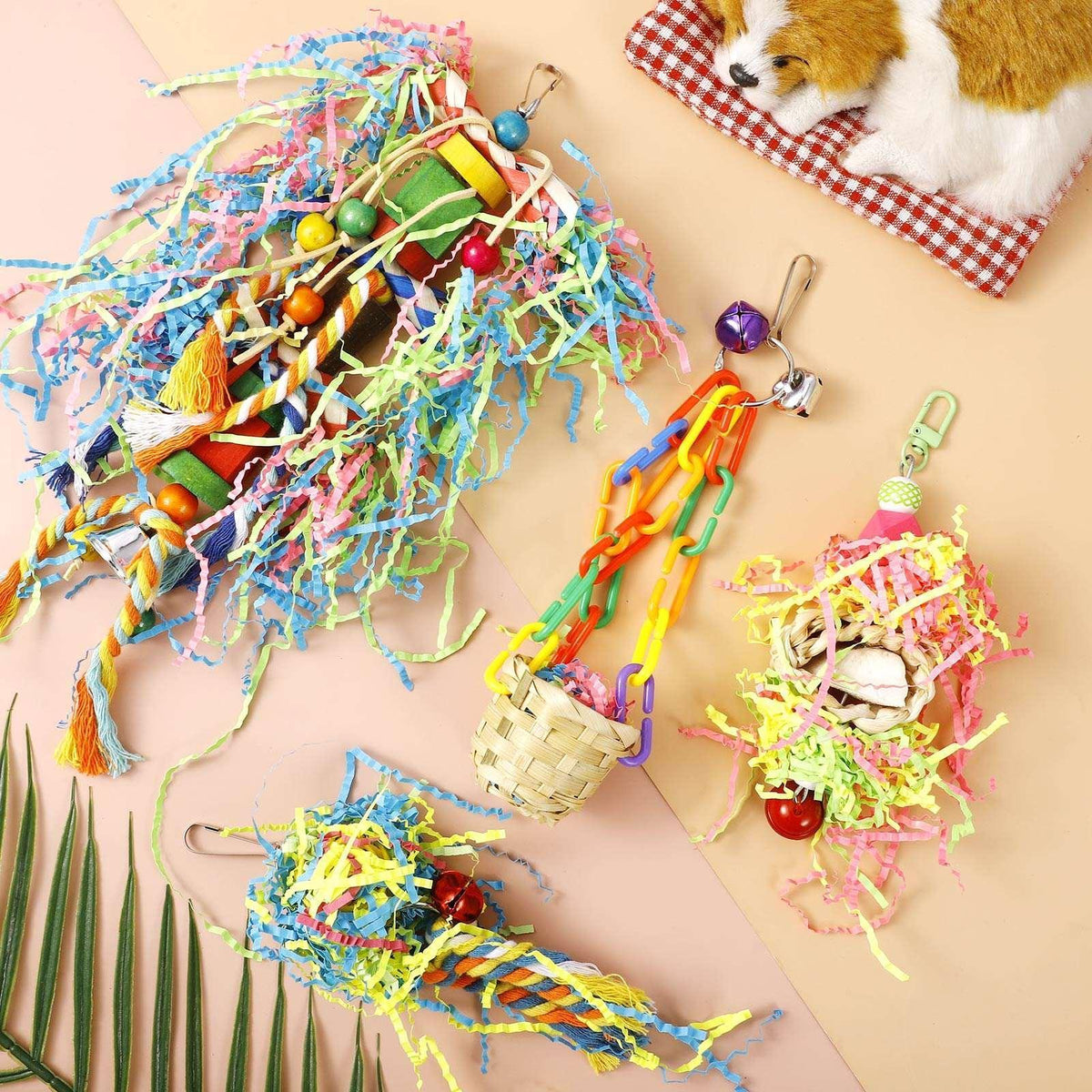 Armscye 4 Pack Bird Shredding Toys, Parrots Chewing Hanging Foraging Toys Parrots Cage Shredder Toys Birds Budgies Cage Accessories for Small Parakeets, Conures, Love Birds, Finches