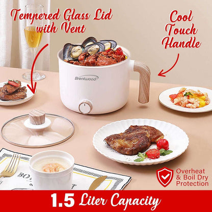 Brentwood 1.6-Qt. Multifunction Electric Ceramic Non-Stick Hot Pot Cooker with Stainless Steel Food Steamer, White