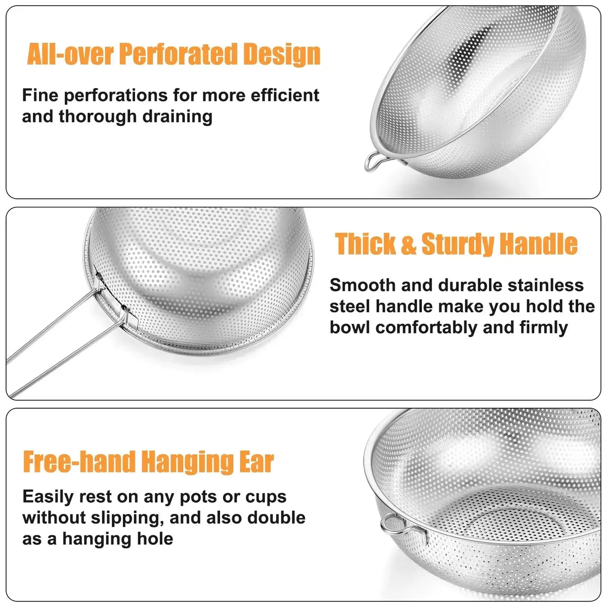 VeSteel Colander Set of 3, Stainless Steel Micro-Perforated Colanders Strainers for Draining Rinsing Washing, Ideal for Pasta Vegetables Fruits, Heavy Duty & Dishwasher Safe