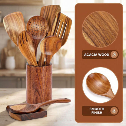TEAFIRST 9 Pcs Wooden Utensils for Cooking Wooden Utensils for Kitchen, Heat Resistant, Non-Stick