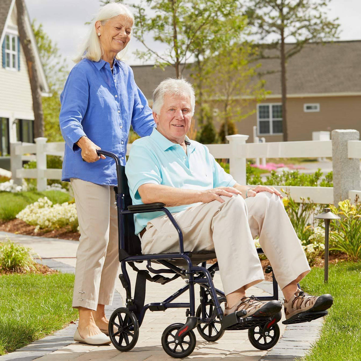 Carex Steel Transport Chair with 19" Seat, Swing-Away Footrests, Blue, 300 lb Weight Capacity