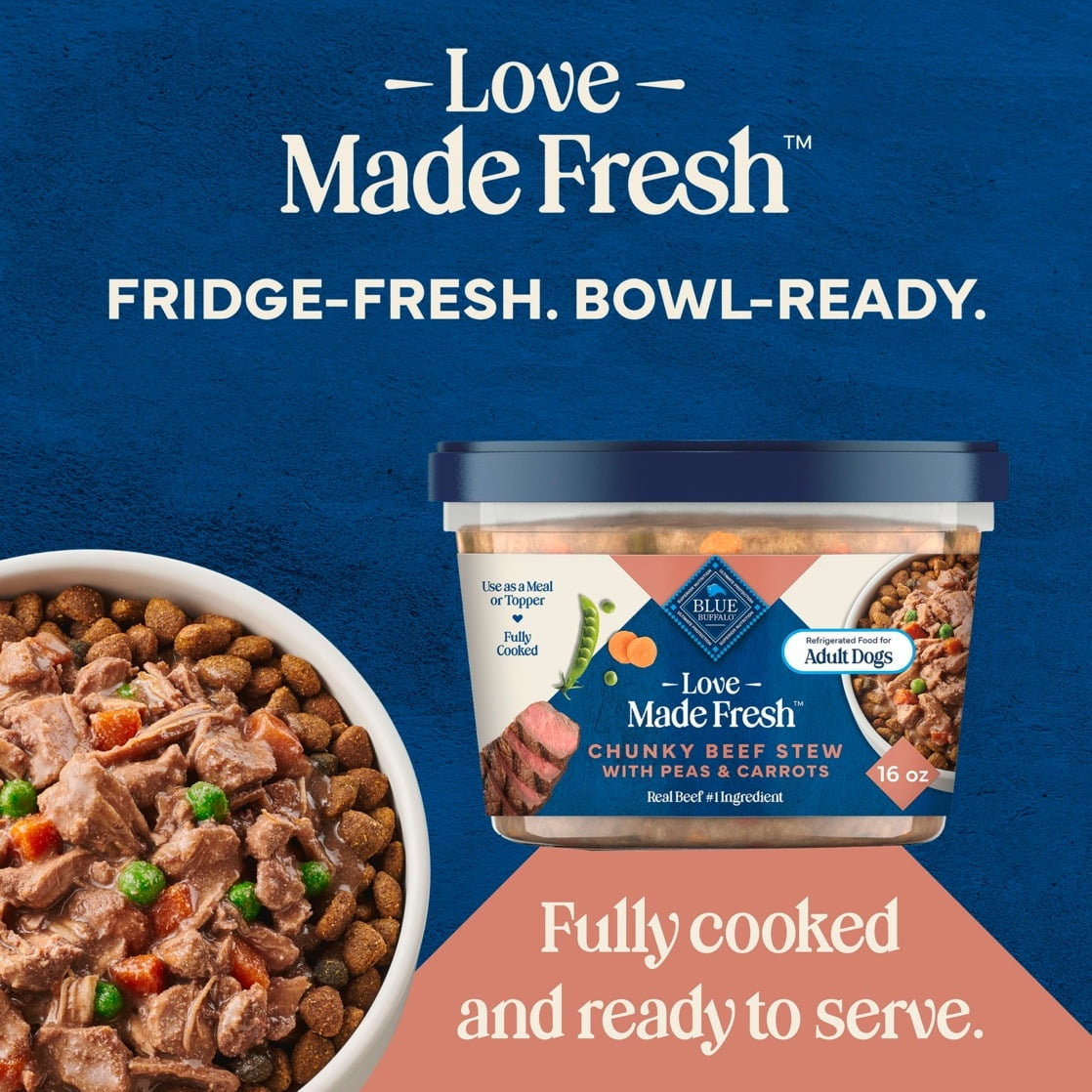 Blue Buffalo Love Made Fresh Dog Food, Refrigerated, Chunky Beef Stew, 1-lb Tub