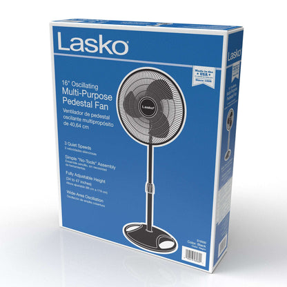 Lasko 16" Oscillating Pedestal Fan with Adjustable Height and Tilt-Back Head for Whole Room Cooling, Black, S16500
