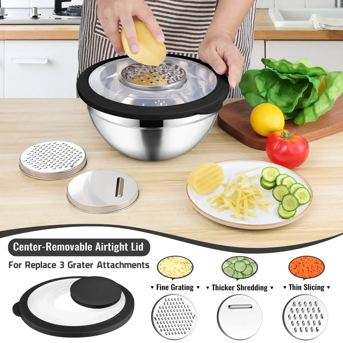 Vesteel Mixing Bowls with Lids Set of 8, Stainless Steel Prep Bowls with Upgraded Airtight Visible Lid, Metal Nesting Bowl Attach with 3 Graters for Kitchen Grating/ Shredding / Mixing