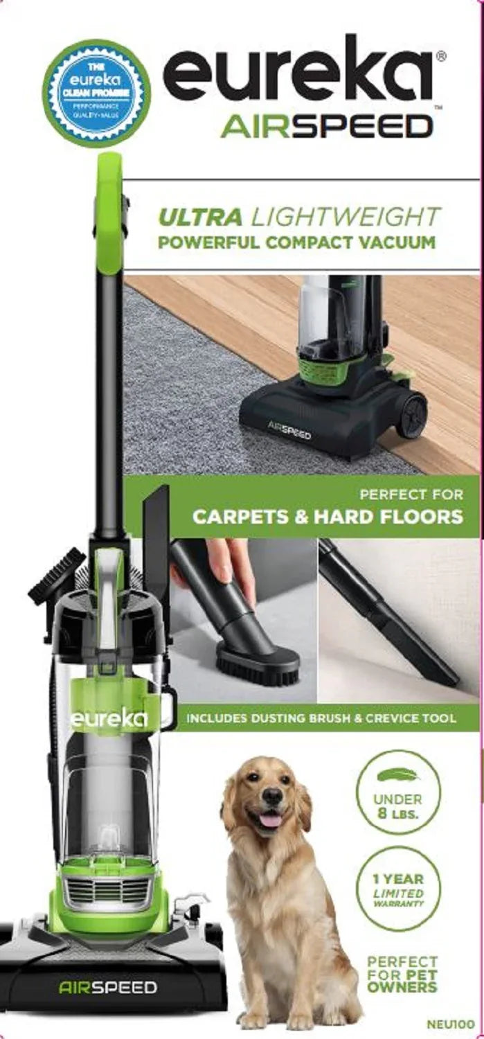 Eureka Bagless Upright Vacuum, Airspeed, Ultra Lightweight & Compact Design, with Crevice Tool, Dusting Brush and Large Dustcup, NEU100, Green & Black