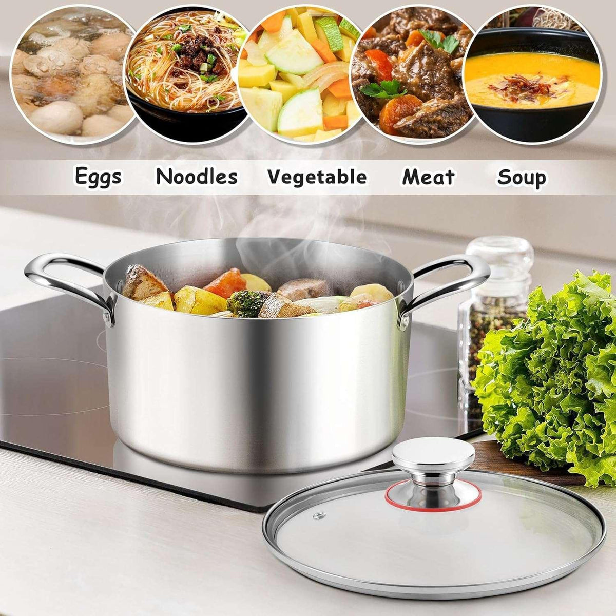 Coliware 6 QT Stainless Steel Stock Pot with Glass Lid , Cooking Soup Pot with 3-Ply Whole Clad for Home and Restaurant, Induction Cookware & Dishwasher Safe