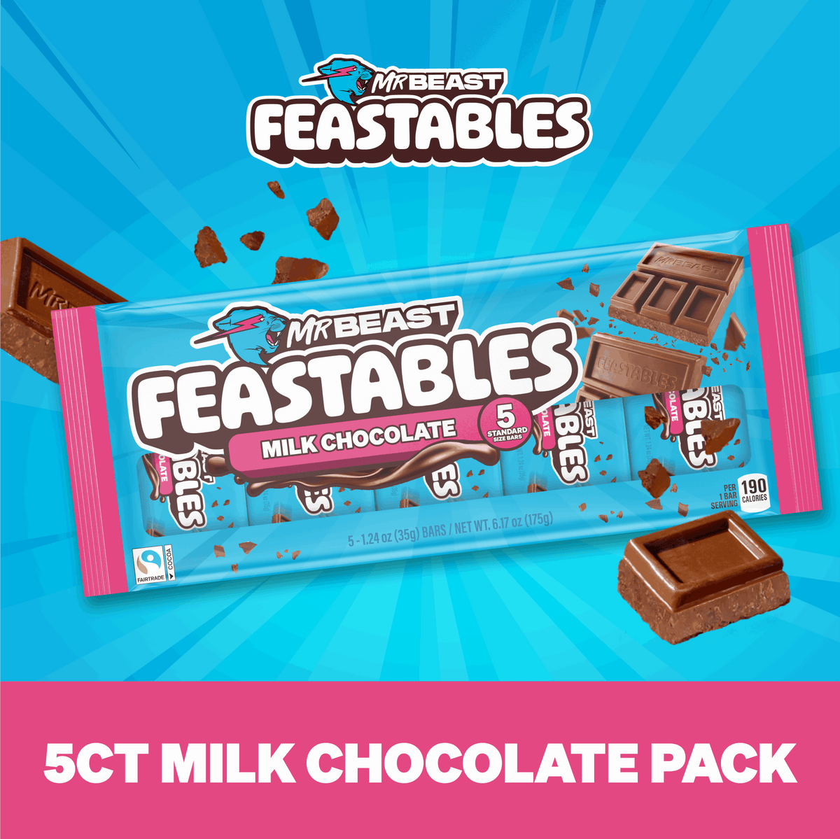 Feastables MrBeast Milk Chocolate Bar, 1.24 oz (35g), 5 Count