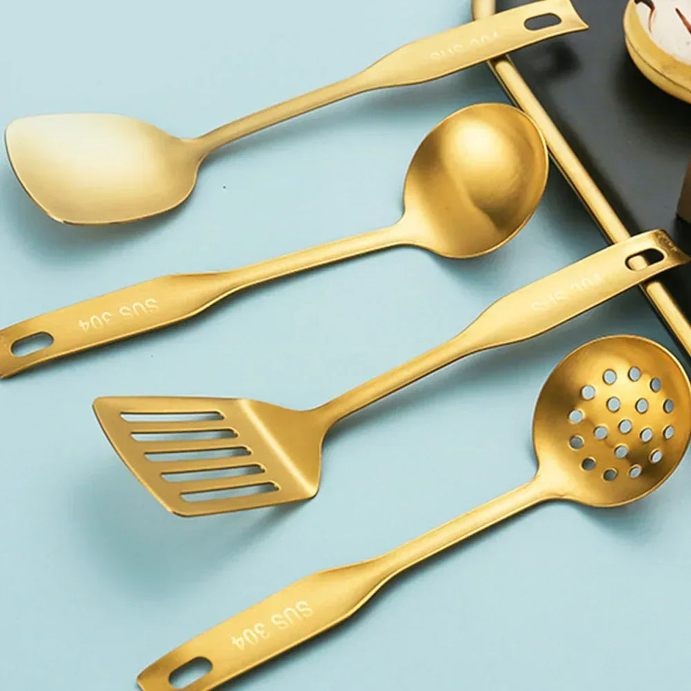 Wok Spatula and Ladle, Skimmer Spoon, Slotted Spatula - 304 Stainless Steel Kitchen Utensils Set, 4-Pieces Cooking Tools,Wok Accessoriesgolden